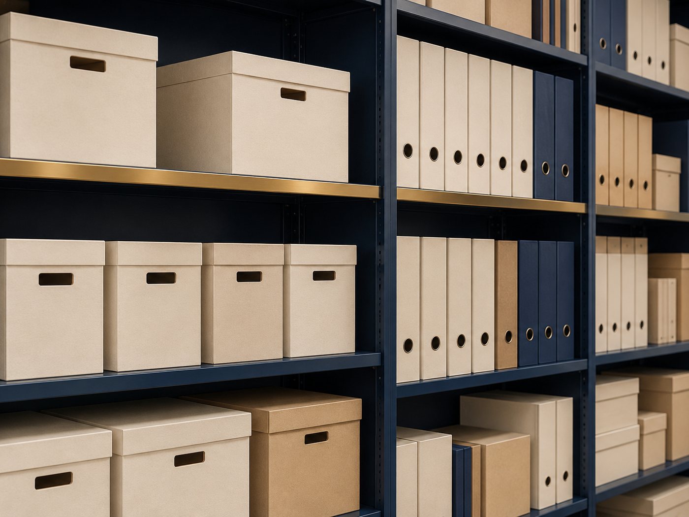A wall of plain archive boxes and ring binders on open shelving in an office store.