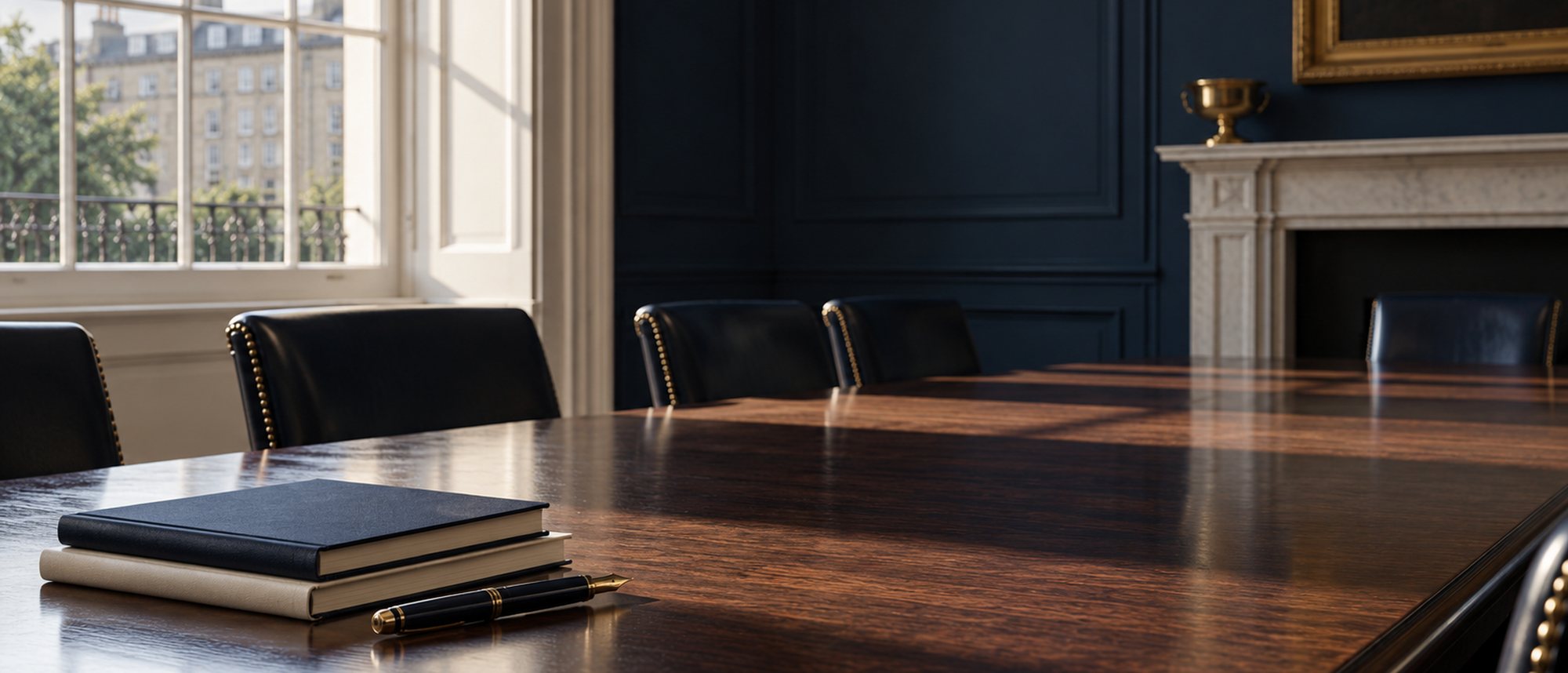 An empty boardroom table in a Georgian office, light from a tall sash window across the wood.