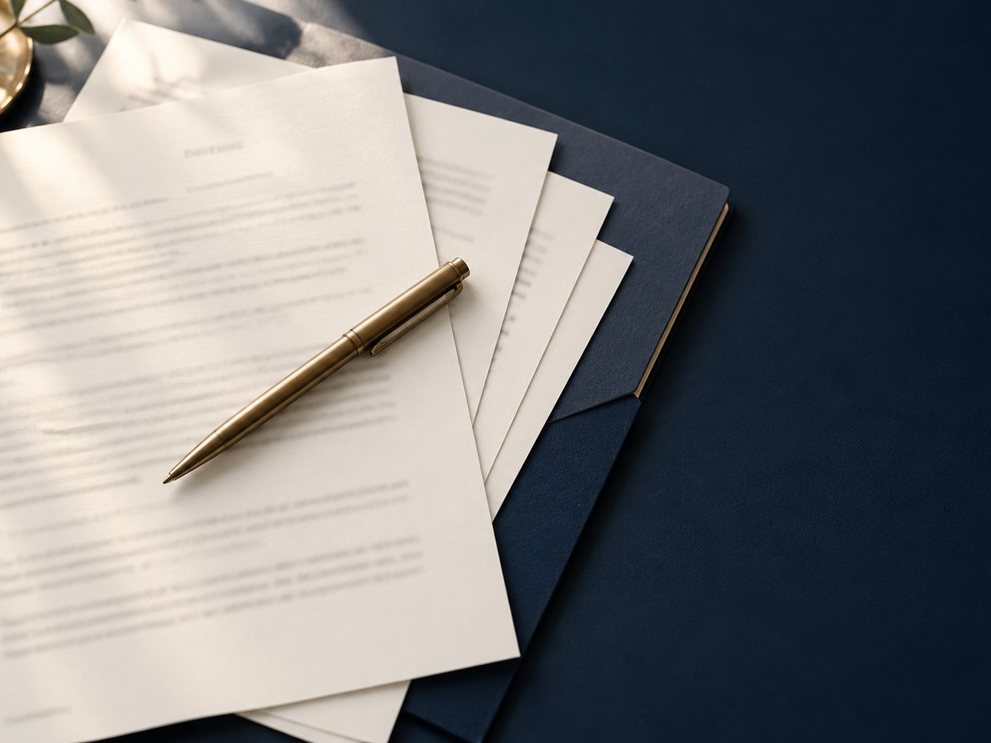 Printed sheets fanned across a desk with a pen laid across them, the text out of focus.